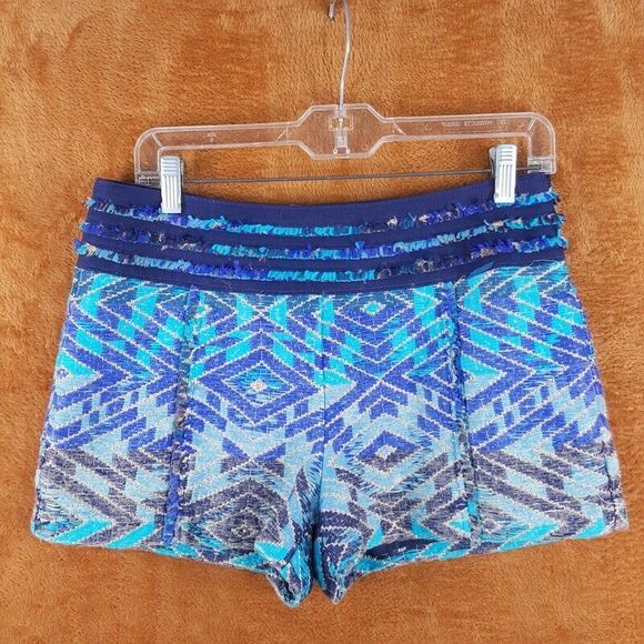 RAMY BROOK Womens Shorts Medium Blue Tweed Aztec Frayed Stripe Waist - Picture 1 of 7